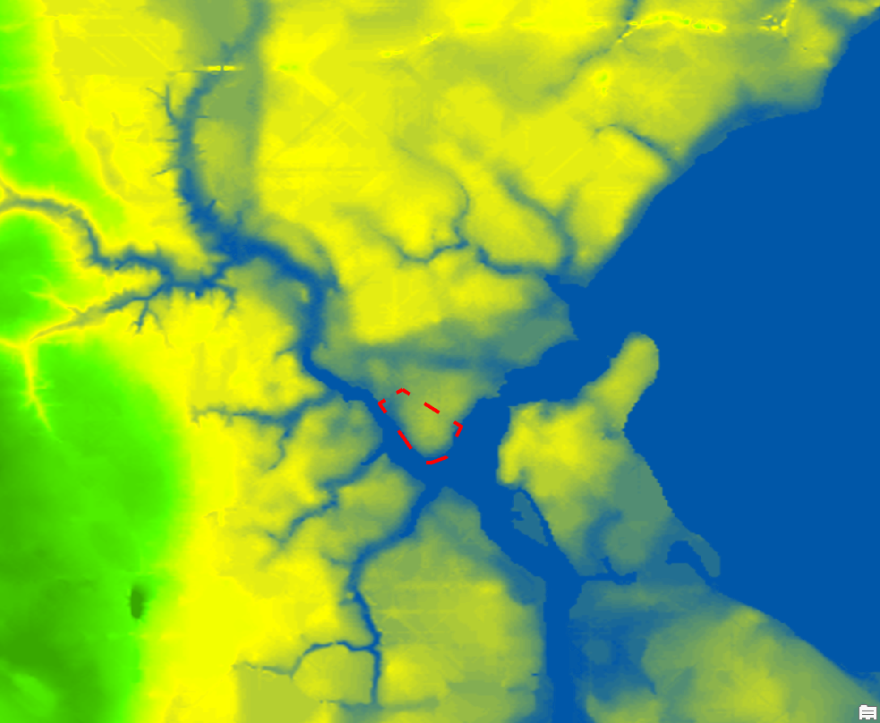 A map of water with red dots Description automatically generated